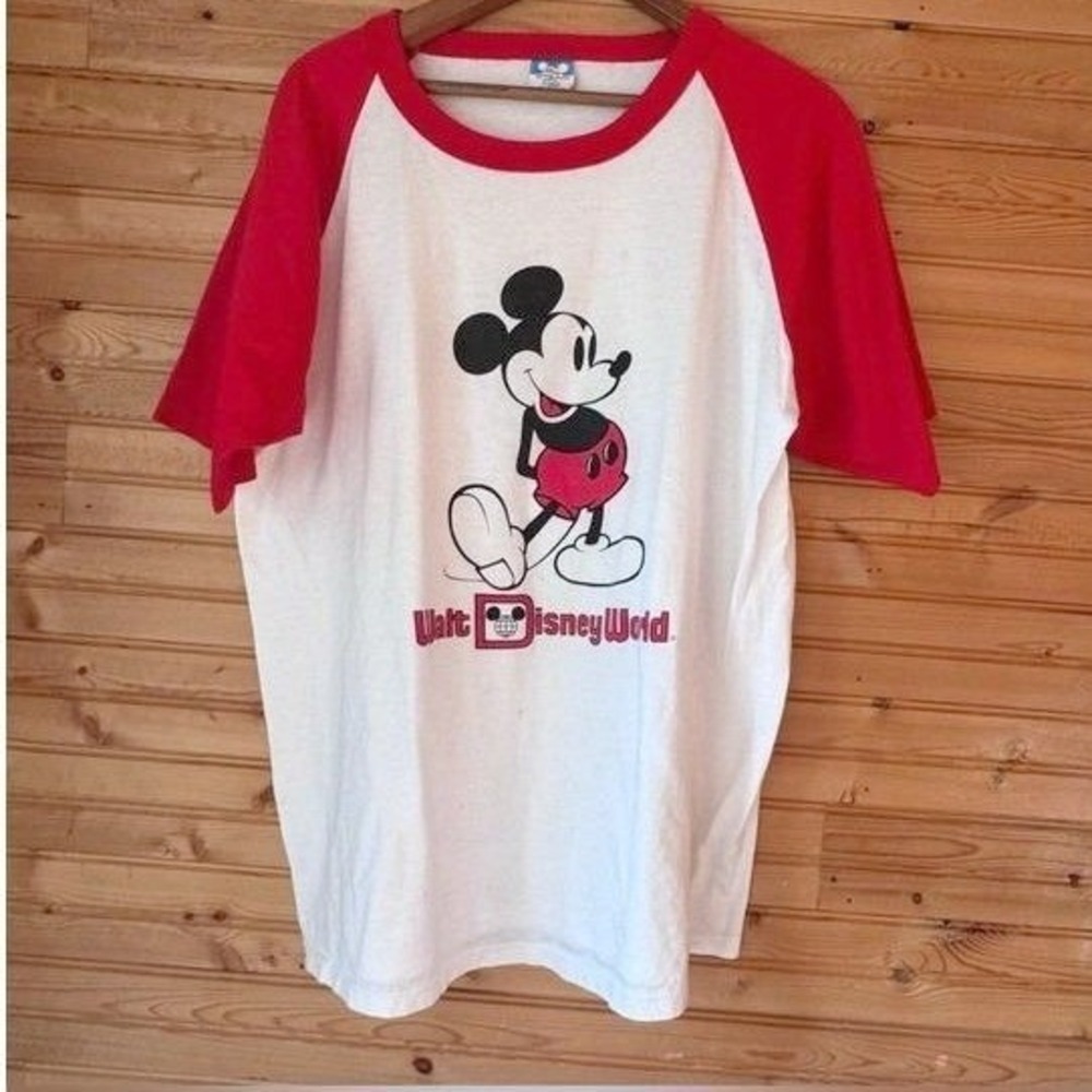 VTG 80s Disney Character Fashions Mickey Mouse Disney World Tee XL Red Sleeves